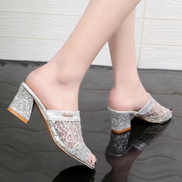 Wholesale Faux Leather Hollow Block Heel Sandals